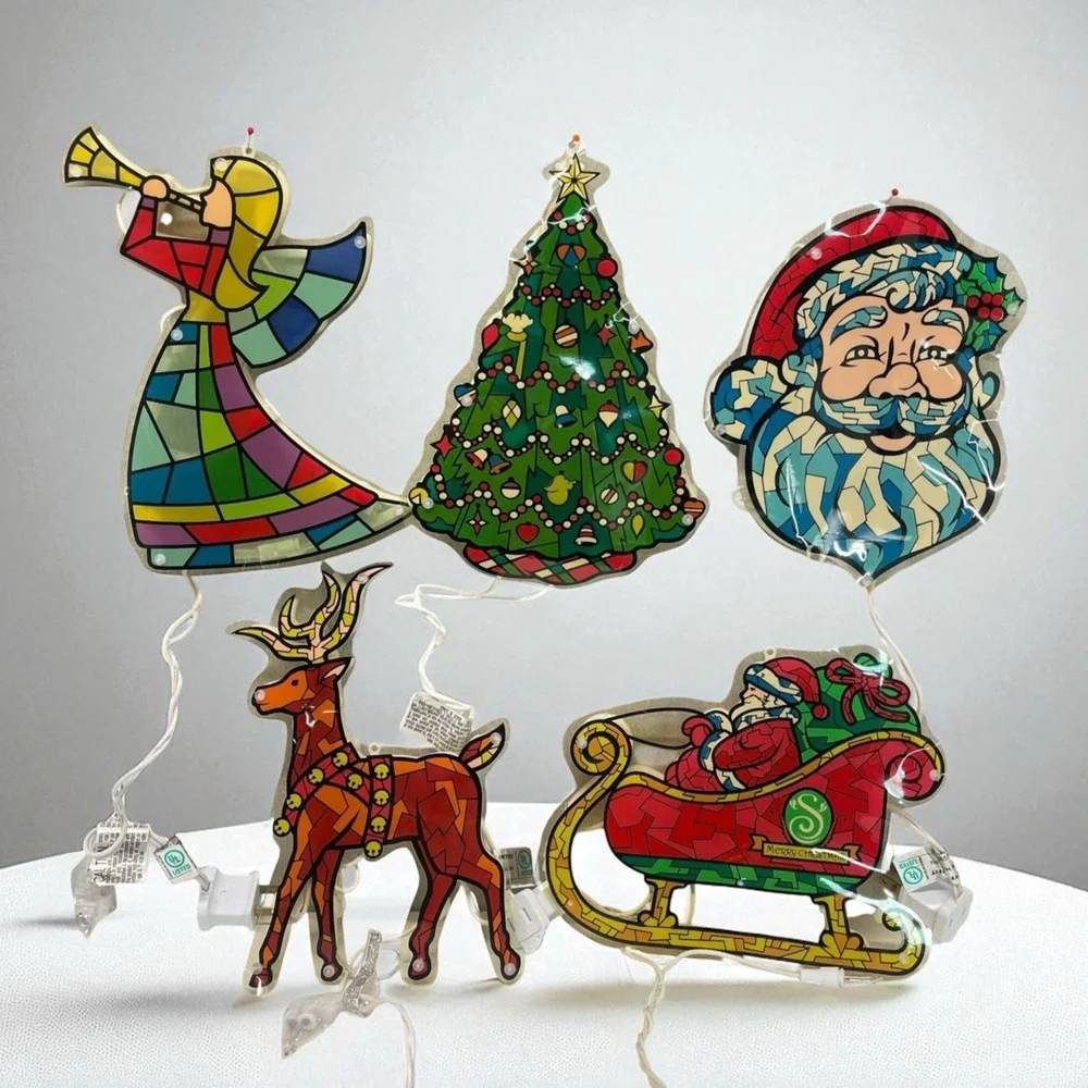 VTG Stained Glass Look Light Up Christmas Decor Lot of 5 MCM Santa Sleigh Angel
